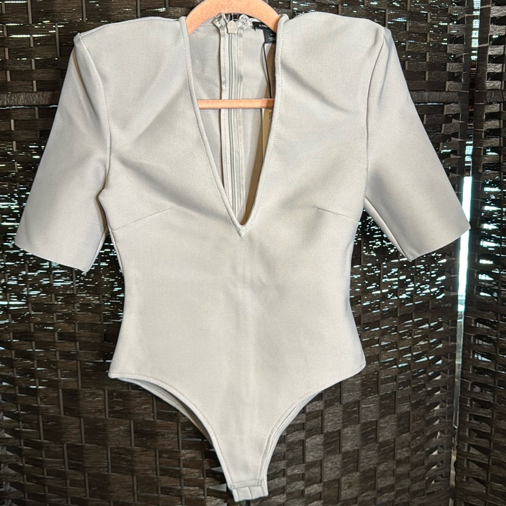 Karen Millen Bandage Form Fitting Deep V-Neck Grey Bodysuit XS